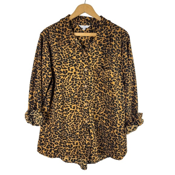 Cheetah Print Blouse XL Shirt Top Button Down Animal Print Tab Sleeve Time & Tru - Picture 2 of 5